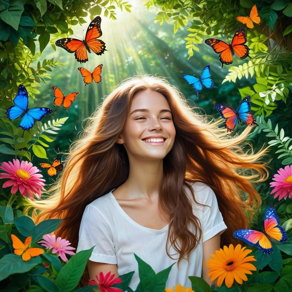 A beautiful, whimsical scene showcasing a person lovingly grooming their long, flowing hair and furry patches, surrounded by lush greenery and vibrant flowers. The person is smiling while using brushes and natural hair products, with sunbeams shining down, creating a warm and inviting atmosphere. Add playful elements like butterflies and a gentle breeze, symbolizing freedom and comfort in embracing natural beauty. super-realistic. vibrant colors. soft focus.
