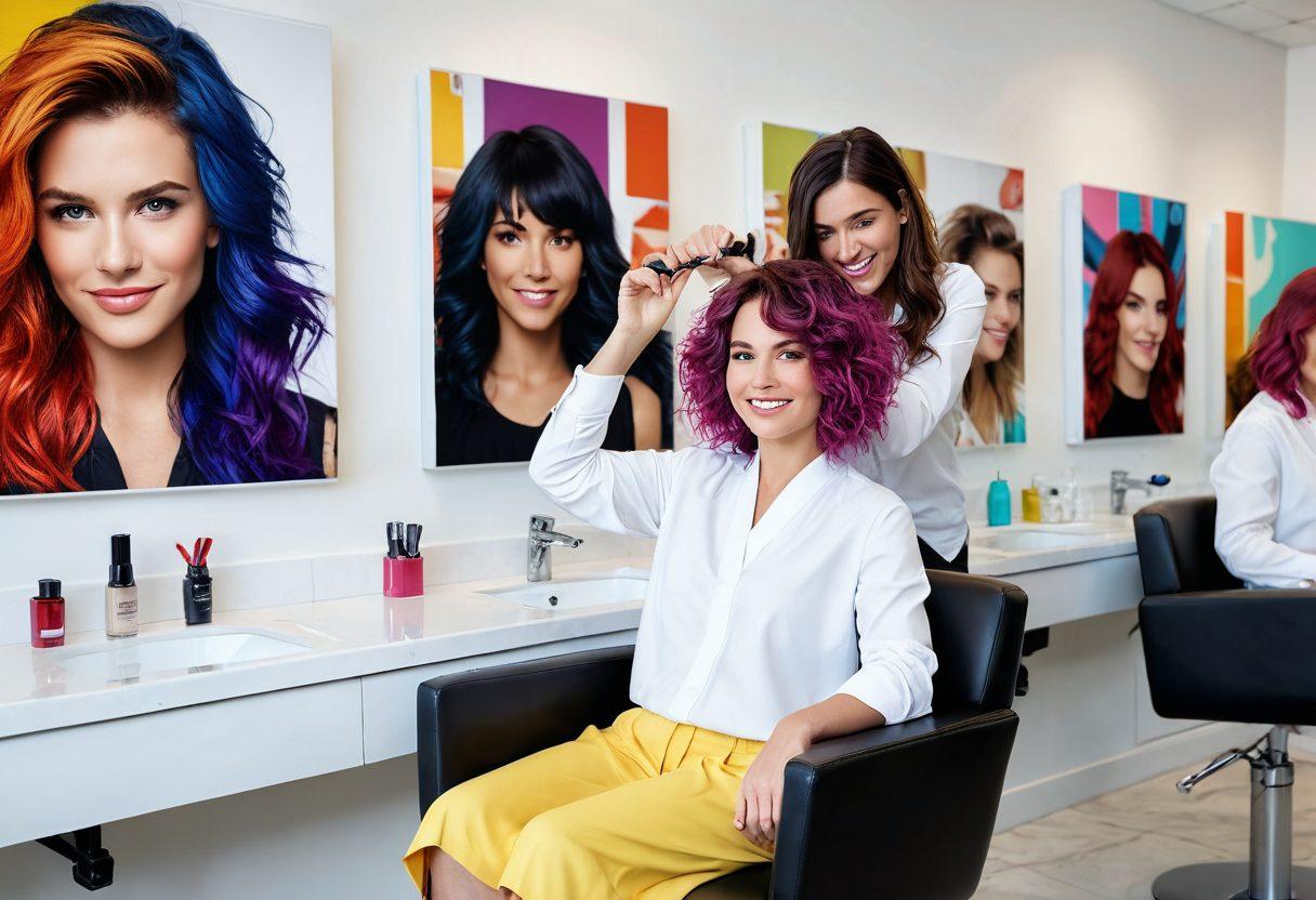A vibrant salon scene featuring a hairstylist transforming a client's shaggy mane into a stylish haircut. Bright, colorful hair products lined up on a stylish vanity, and a wall decorated with hair inspiration posters. Include before and after images in the background to highlight the transformation. Capture the joyful expressions of the clients and stylist. super-realistic. vibrant colors. white background.